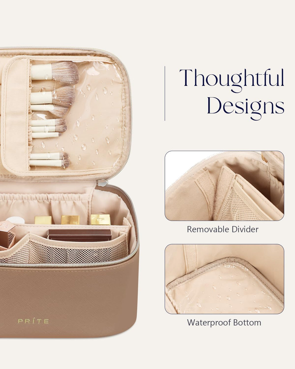 Large Makeup Bag for Women Travel Cosmetic Case Waterproof PU Leather Toiletry Bag Portable Make up Organiser with Handle and Removable Divider (Brown)