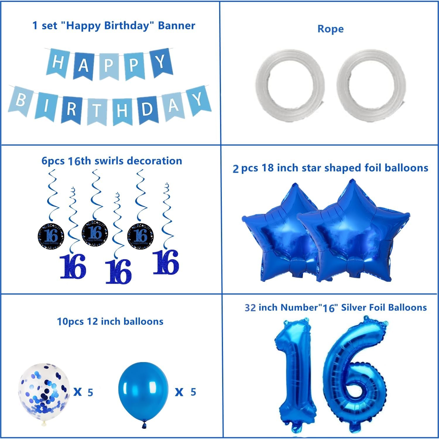 16Th Birthday Decorations for Boys Girls,32In Number 16 Birthday Foil Balloons with Swirl Decorations Happy Birthday Banner and Star Foil Balloons 10PCS Confetii and Latex Balloons Blue