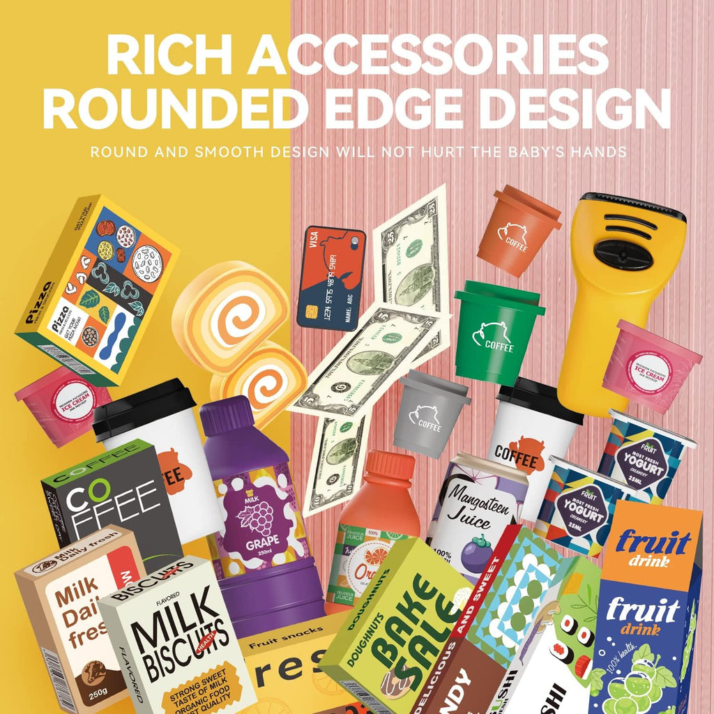 Cash Register Playset for Kids - 48PCS Pretend Play Money, Calculator, Scanner, Credit Card and Play Food for Boys and Girls Ages 3+ (668-125)