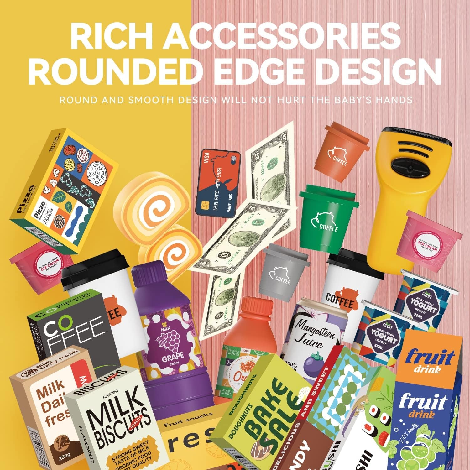 Cash Register Playset for Kids - 48PCS Pretend Play Money, Calculator, Scanner, Credit Card and Play Food for Boys and Girls Ages 3+ (668-125)